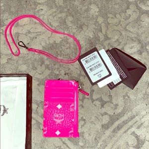 Mcm cardholder wallet with lanyard pink